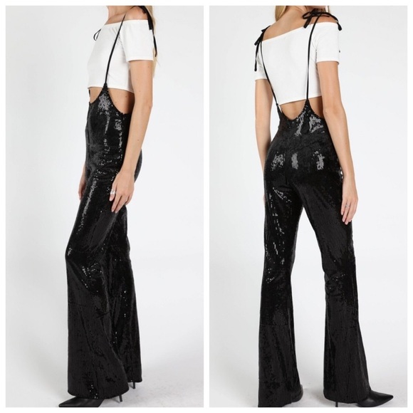 🆕Black sequin jumpsuit with ties - Picture 2 of 6